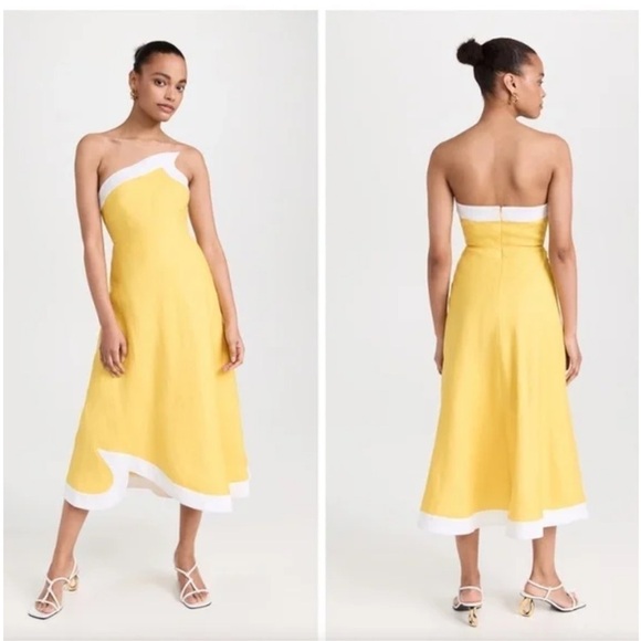 Staud Sirani Dress 0 Sunrise Yellow and White Asymmetrical Linen Strapless - Picture 1 of 3